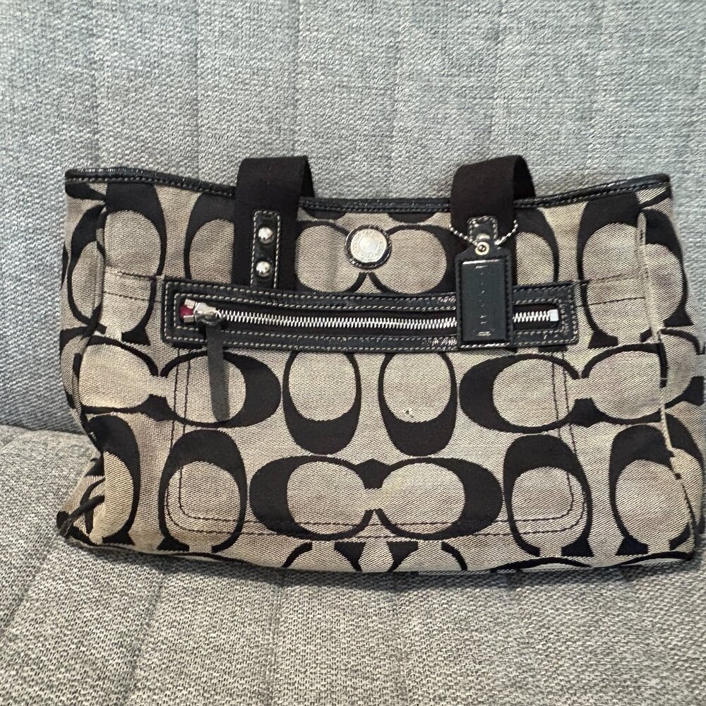 Coach Black and Beige Signature Canvas Satchel